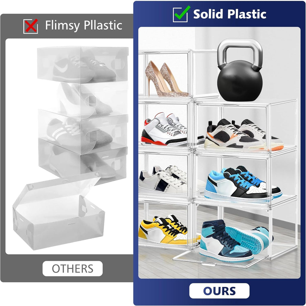 12 Pack Shoe Organizer Clear Plastic Stackable Shoe Storage Boxes with Magnetic Lid Acrylic Display Case Shoe Sneaker Rack for Closet,Fit up to US Size 12