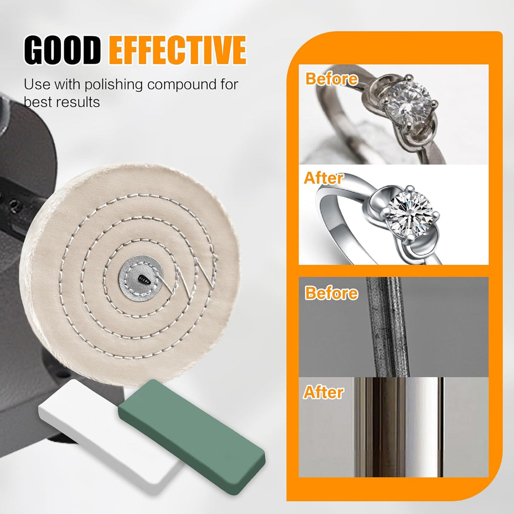 6pcs Buffing Wheel Kit Includes 4pcs 6 Inch Polishing Pads and 2pcs Polishing Compounds, for Bench Grinder for Jewelry, Metal, Wood, Jade, Stainless Steel, Glass, Plastic, Stone Polish