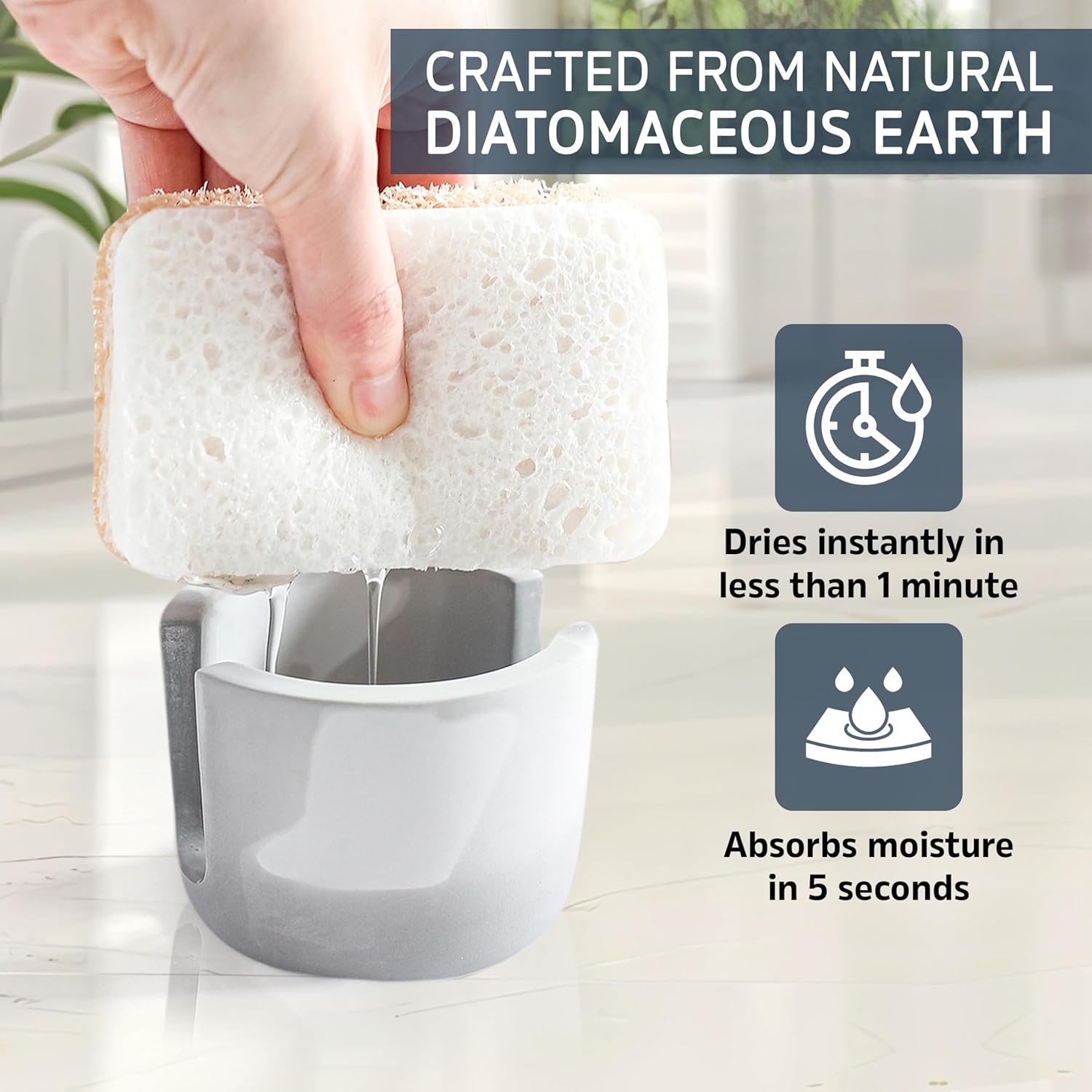 MOPHONICHOME Sponge Holder, Stone Sponge Holder for Kitchen Sink - Diatomite Kitchen Sink Caddy, Quick Dry, Super Absorbent, Modern Design, Grey