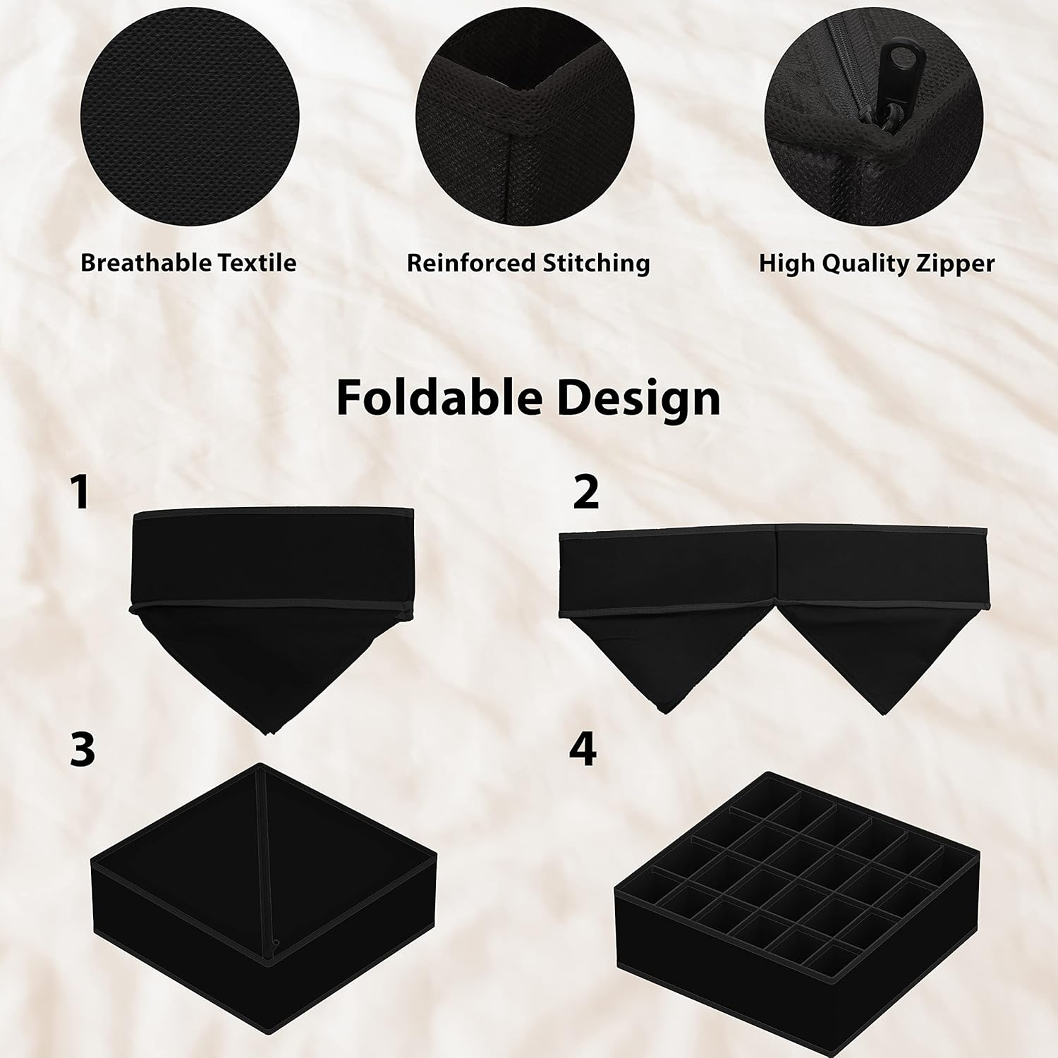Simple Houseware 4-Pack Drawer Organizer Set - Closet Dividers for Underwear, Socks, Bras, Scarves, Ties - Foldable Non-Woven Storage Boxes, Black