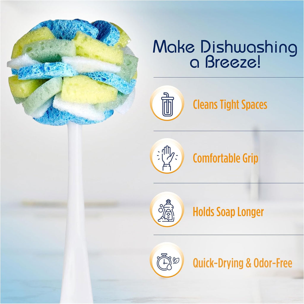 Compac Home Dish SpongeWand Plus Tri Surface Scrubbing Sponge with Cello Foam Scour Sponge Petals, Cleans Dishes, Glassware 360 Scrubber Pads for Tough to Clean Pots Pans, Multi-Color, (Pack of 6)