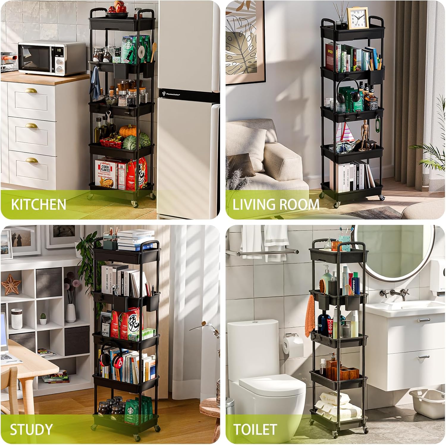 5 Tier Rolling Cart Organizer,Bathroom Cart Organizers with Wheels Laundry Room Organization Mobile Shelving Unit Utility Cart Storage Shelves Multi-Functional for Office, Home(Black)