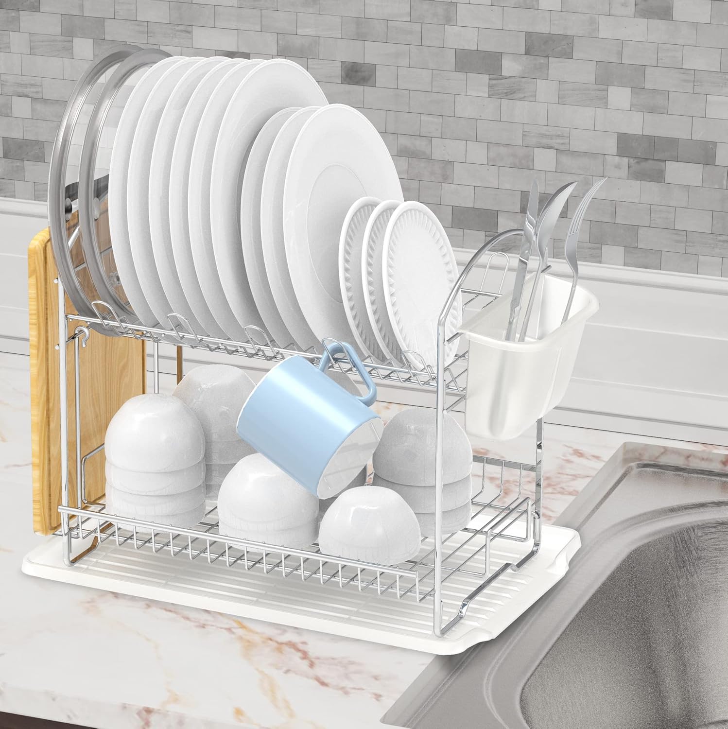 Simple Houseware 2-Tier Stainless Steel Dish Rack with Drainboard, Chrome for Kitchen