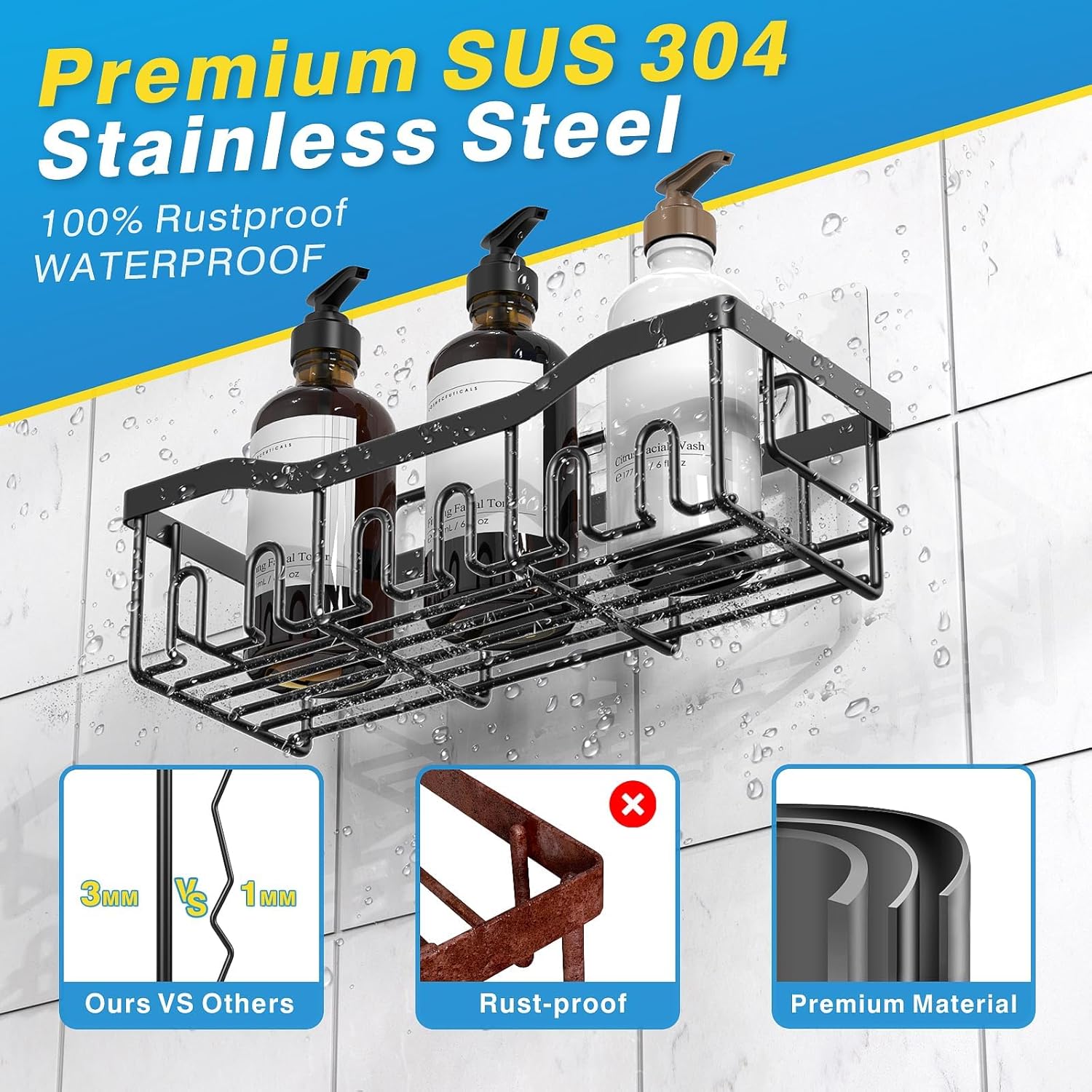EUDELE Adhesive Shower Caddy, 5 Pack Rustproof Stainless Steel Bath Organizers With Large Capacity, No Drilling Shelves for Bathroom Storage & Home Decor-XL Size