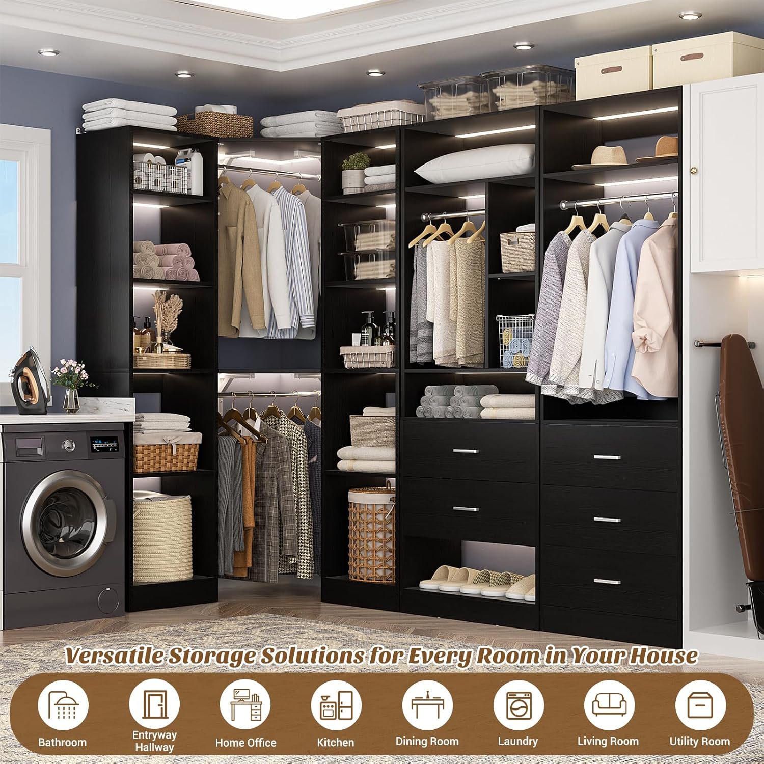 Corner Closet System with 5 Drawers, Closet Organizer System with 15+Shelvess & 4 Hanging Rods, 63.2"L * 63.2"W / 87.2"L * 39.2"W Reversible L Shaped Walk-in Closets, Load 2500+LBS, Black