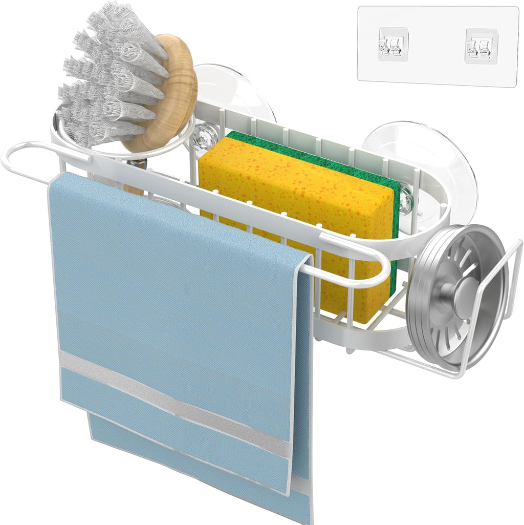 Cisily Kitchen Sink Caddy Sponge Holder in The Sink, Stainless Steel Kitchen Sink Organizer, Brush Holder, Dish Cloth Hanger, Sink Stopper Holder with Suction & Adhesives Installation Ways (White