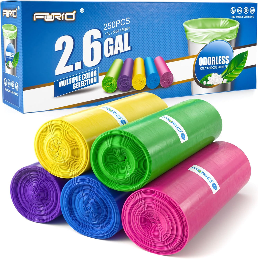 FORID Small Bathroom Trash Bags - 2.6 Gallon Colored Garbage 250 Bags 10 Liter Unscented Waste Can Liners Wastebasket Liner For Home Office (2-3 Gal) - Durable & Thick Trash Bag Multi Colored
