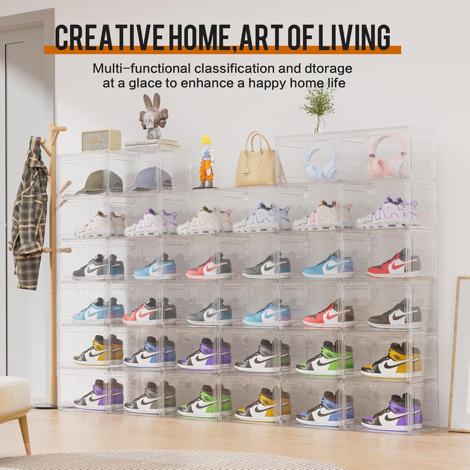 KEFA XL Shoe Storage Box Organizer, 8 Pack Shoe Boxes Clear Plastic Stackable, Sneaker Display Case Container Fit for US 13 (Side 8 PACK CLEAR)
