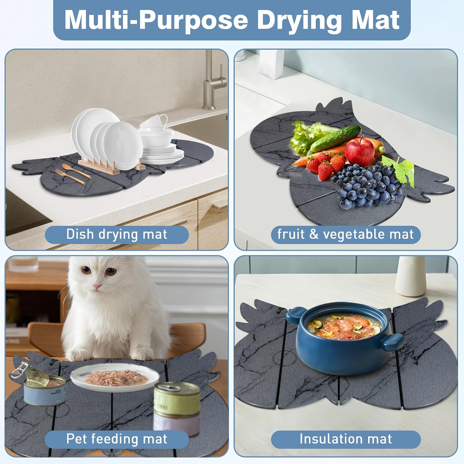 Large Stone Dish Drying Mat for Kitchen Counter,24"(L)×16"(W) Quick Dry Absorbent Diatomaceous Earth Dish Drying Mats,Owl Shape Design Drying Pads for Cups Dishes Bottles (DarkGray)