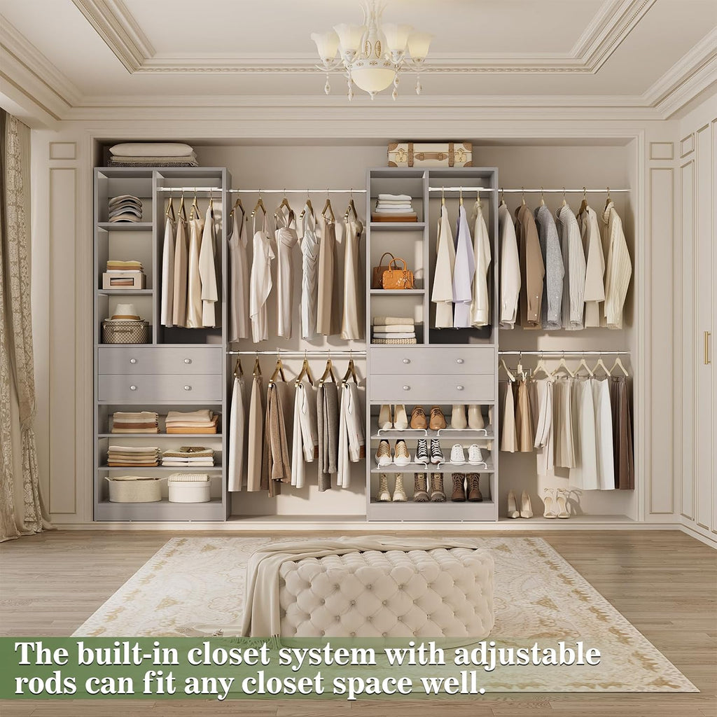 Closet System, Up to 134"/11.2 FT Closet Organizer with 4 Wooden Drawers and Shelves, Walk-in Closet System with 6 Hanging Rods, Built-in Closet Can Fit 96"/8FT, 120"/10FT, Morandi Grey