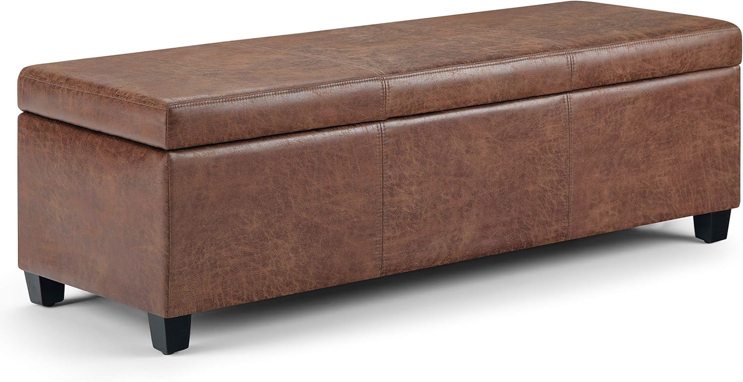 SIMPLIHOME Avalon 48 inch Wide Contemporary Rectangle Storage Ottoman Bench in Distressed Umber Brown Vegan Faux Leather, Assembled, For the Living Room, Entryway and Family Room