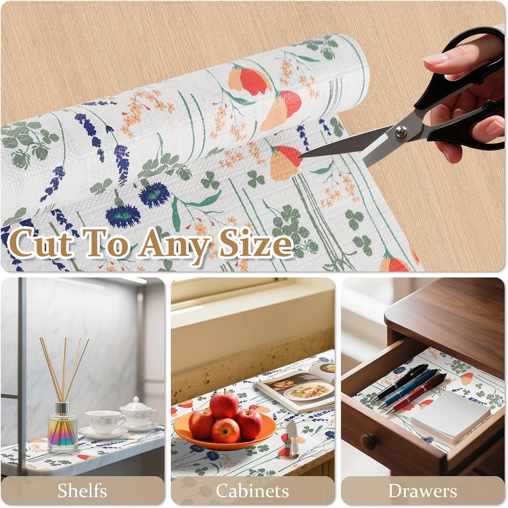 FINNEZ Shelf and Drawer Liner 17in x 10FT with Cutting Tool, Non Slip Non Adhesive Drawer Liners for Kitchen Cabinets, Waterproof Floral Cabinet Liner for Shelves, Refrigerator