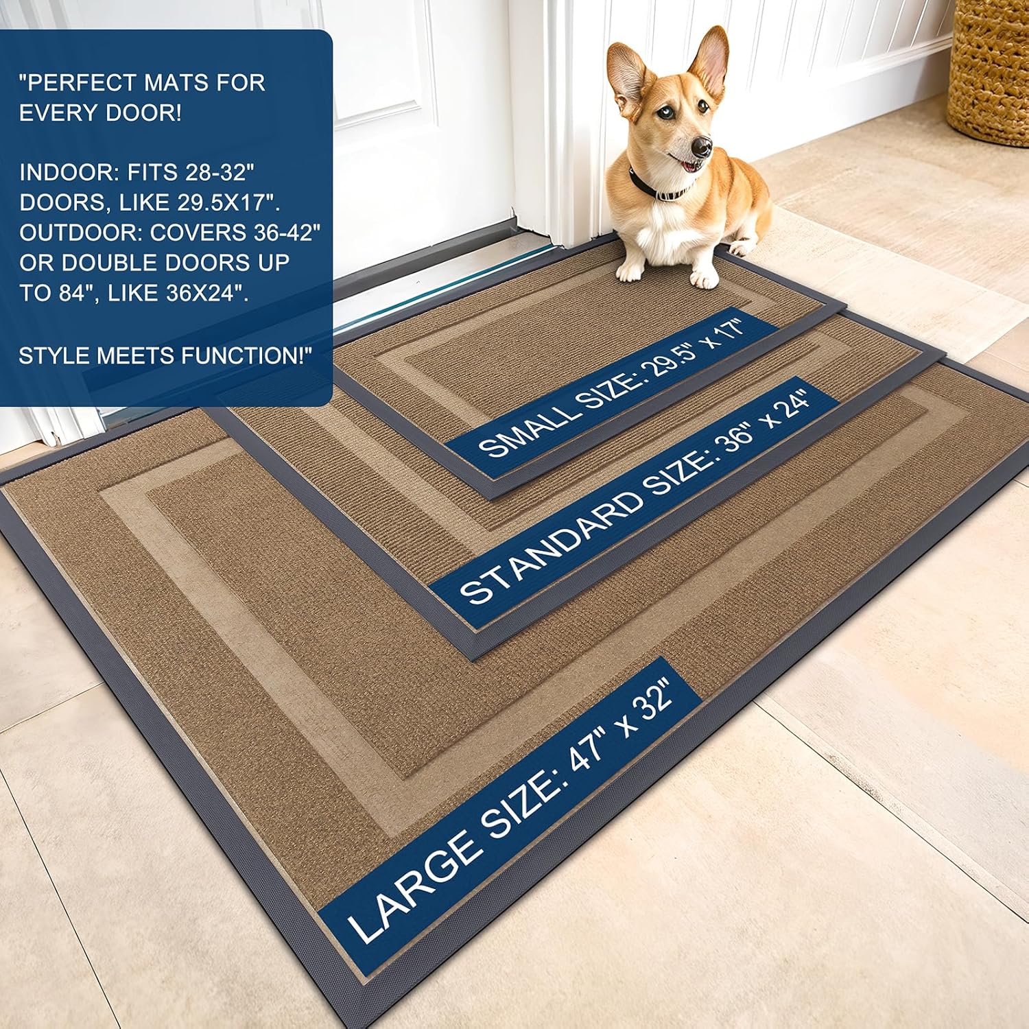 OLANLY Front Door Mat Indoor Outdoor Entrance, Waterproof All-Season, All-Weather Doormat, Sturdy Natural Rubber, Fade Resistant, Low Profile, Easy Clean Patio Porch Entryway Mat, 59x35, Light Brown