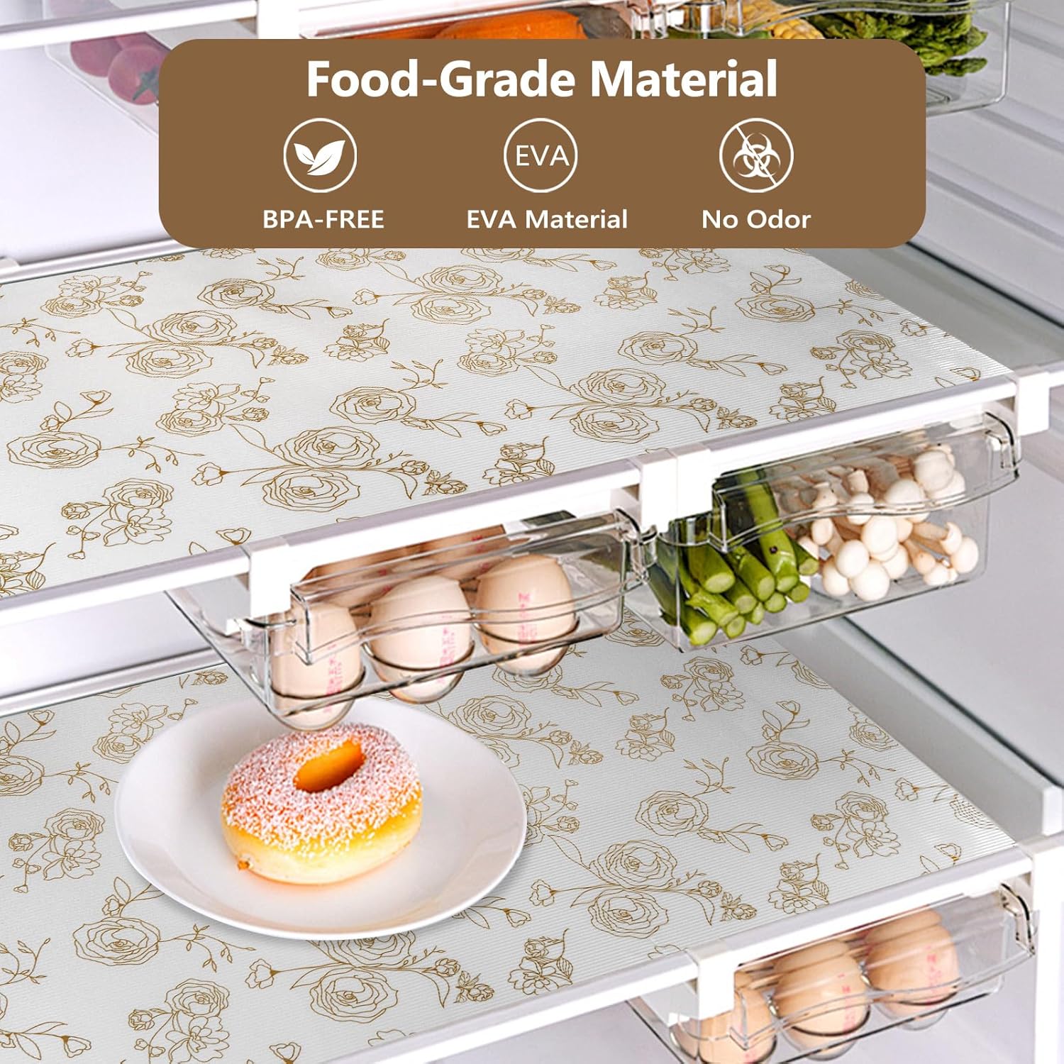 Shelf Cabinet Liner for Kitchen- Non Adhesive 17.5In x 20FT Drawer Liner Refrigerator Liner, Premium Waterproof Shelf Paper Protect Surface, Non Slip Easy to Clean Durable EVA Material, Gold Roses