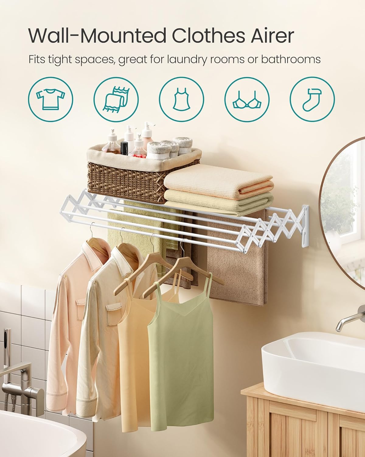 SONGMICS Clothes Drying Rack, Wall-Mounted Drying Rack Clothing, Accordion Laundry Rack, 9 Staggered Hanging Rods, Expandable and Retractable, Steel, Cloud White ULLR806W01