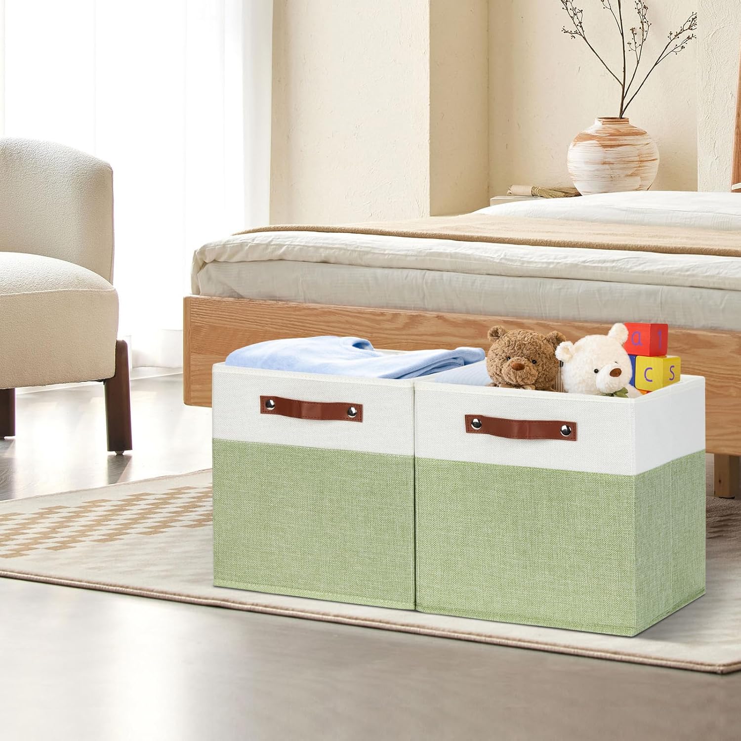 HNZIGE Fabric Storage Cubes for Shelves Set of 4 ,Storage Cubes Baskets 12 x12, Decorative Storage Bins Basket with Handles, Green Baskets for Organizing Home Nursery(Green White)