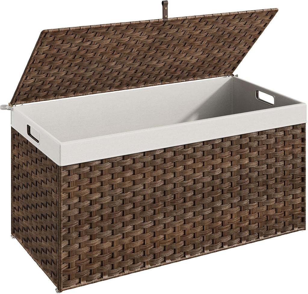 HOOBRO Storage Basket with Lid, 52.8 Gallon (200L) Wicker Basket, Handwoven Blanket Storage Basket with Handles, Metal Frame and Soft Lining, Foldable for Bedroom, Laundry Room, Brown BR220CW01