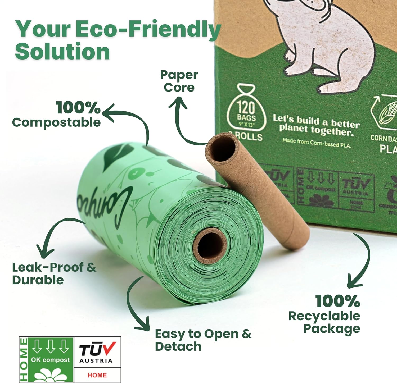 JIWON 100% Certified Home Compostable Dog Poop Bags, 120 Count (8 Rolls), 9"x13", OK Compost & Seedling, Thick & Leakproof, Plant Based Compostable Waste Bags, Unscented