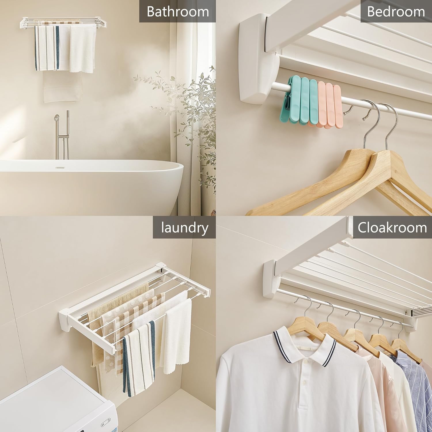 JOOM Laundry Drying Rack Collapsible, Wall Mounted Drying Rack, Clothes Drying Rack, Retractable Drying Racks, 27.5" Wide, 5 Aluminum Rods with Hooks, 60 lb Capacity (White 27.5" with Hooks)