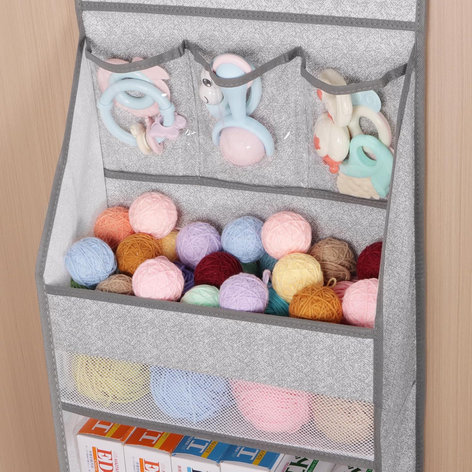 Univivi 6-Shelf Over Door Hanging Organizer Fabric Baby Door Storage with 5 Large Pockets and 3 Small PVC Pockets Wall Mount Hanging Storage Organizers for Baby Essential (Grey Pattern)