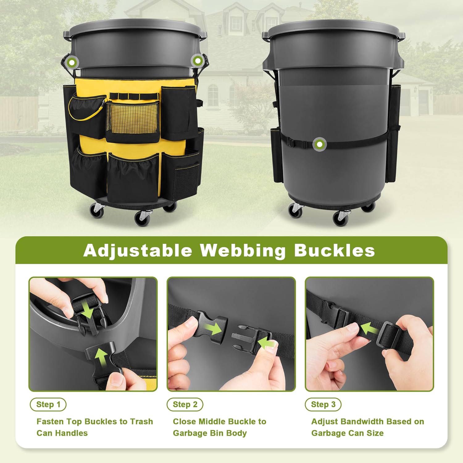 32-55 Gallon Trash Can Caddy Bag, Garbage Bin Apron Caddy with Multiple Pockets for Cleaning Supplies, Cleaning Tool Organizer with Adjustable Buckle for Janitorial Trash Can, Black+Yellow