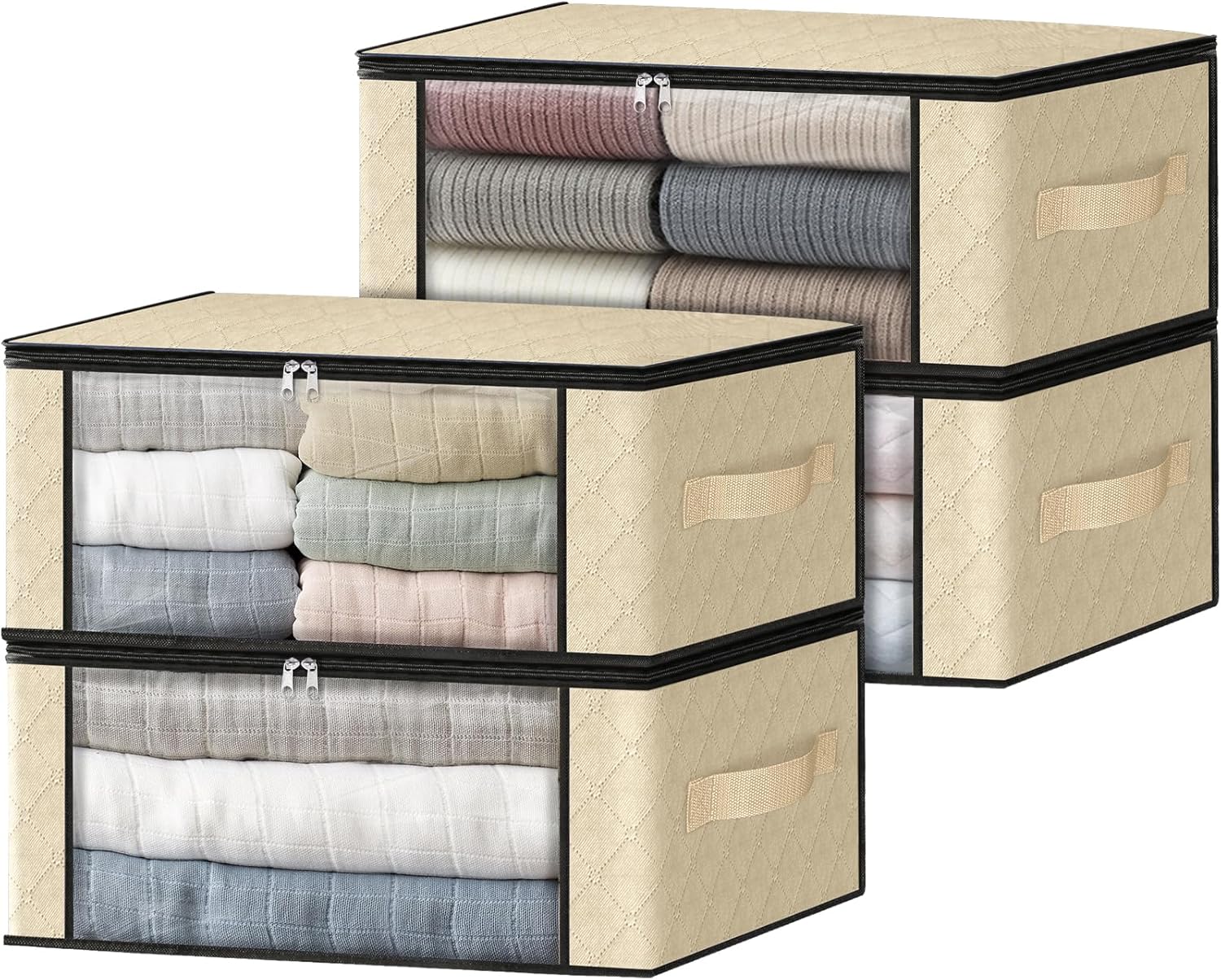 HomeHacks Storage 4-Pack Clothes Organizer Storage Bags Foldable Storage Box with Large Clear Window Sturdy Handles for Closet, Dorm, Pillows, Bedding, Clothes, Blankets, 35L, Beige