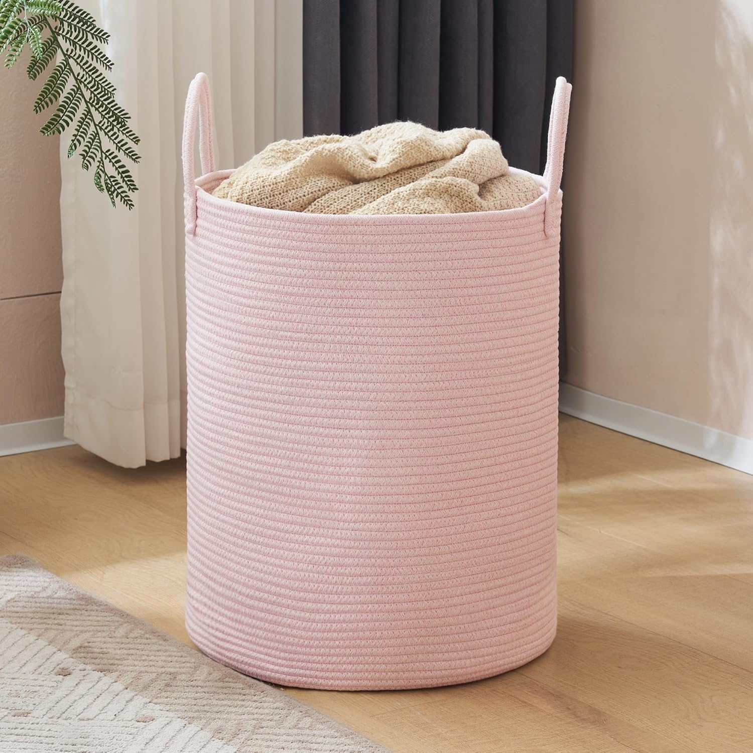 YOUDENOVA Woven Rope Laundry Hamper, 58L Tall Luandry Basket, Baby Nursery Hamper for Blanket Storage in Bedroom-Large-Pink