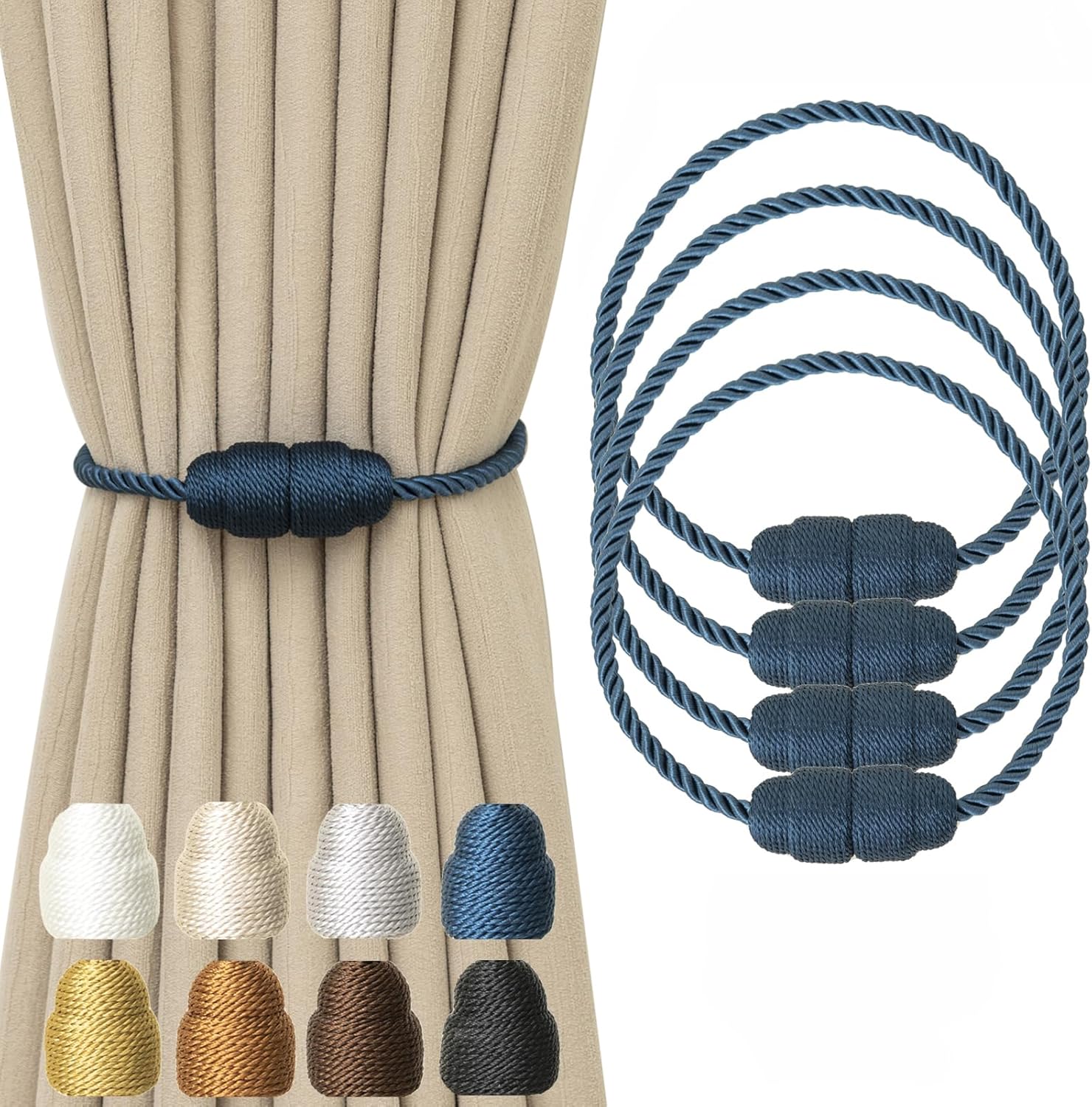 Magnetic Curtain Tiebacks - Rope Tiebacks for Curtains & Drapes, Decorative Window Holdbacks (4 Pack, Blue)