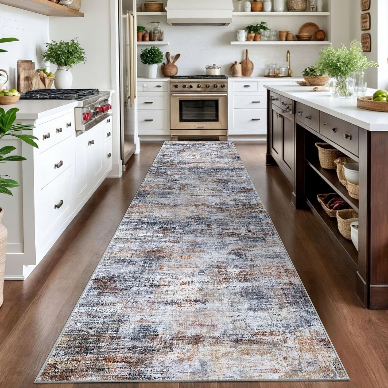 IOHOUZE Abstract Runner Rug 3x14 Ft Washable Runners for Hallways, Non Slip Kitchen Runner Printed Faux Wool Entryway Runner Indoor, Modern Abstract Floor Carpet for Hall Stair, Orange Grey