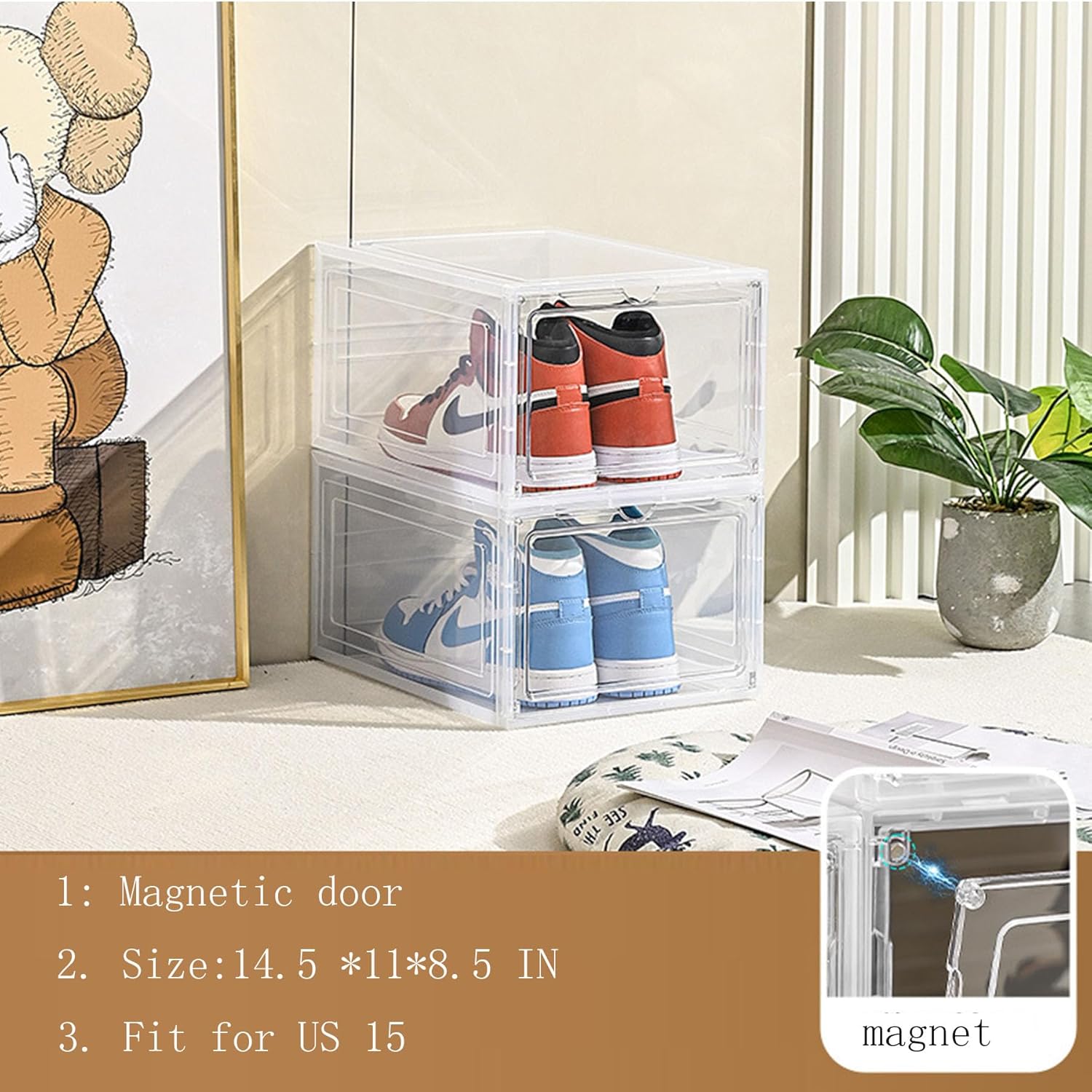 XXL Drop Front Shoe Storage Box Stackable, 6 Pack Shoe Display Case Fit US 15,Sneaker Storage Shoe Containers with Magnetic Door(6 PACK CLEAR)