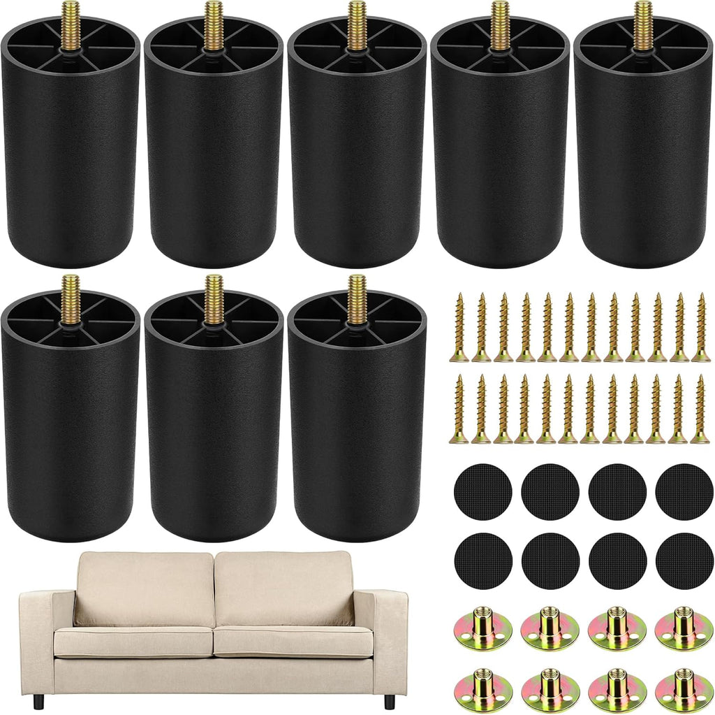 TURSTIN 8 Pack 3 Inch Plastic Furniture Legs with M8 T-Nuts Screws Tapered Sofa Couch and Chair Legs Replacement Furniture Legs for DIY Projects Sofas Coffee Tables Dressers Beds