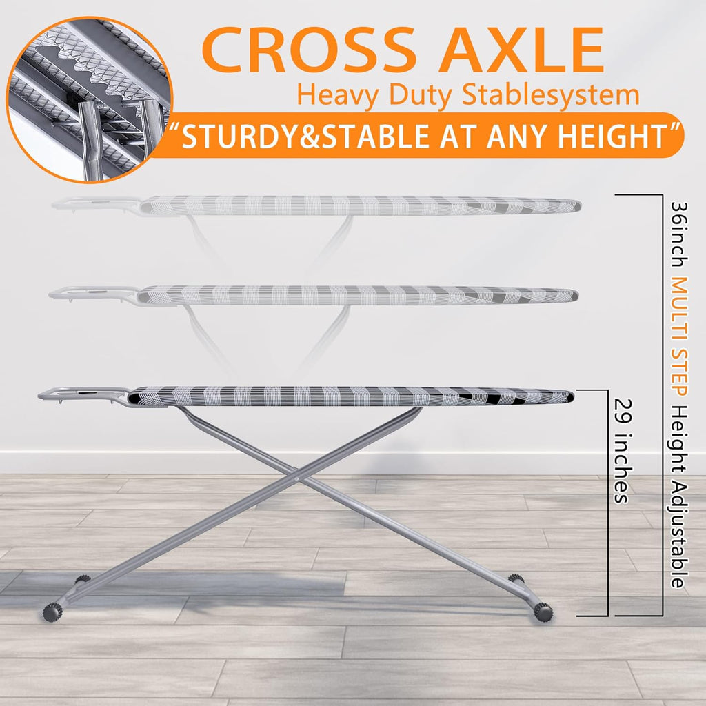 Ironing Board 13" X 43" W/Extra Thick Heavy Duty Padded Cover, Height Adjustable,Heat & Scorch Resistant Fabric, Anti-Skid Feet, Extra Wide, Easy to Fold Checkered Gray