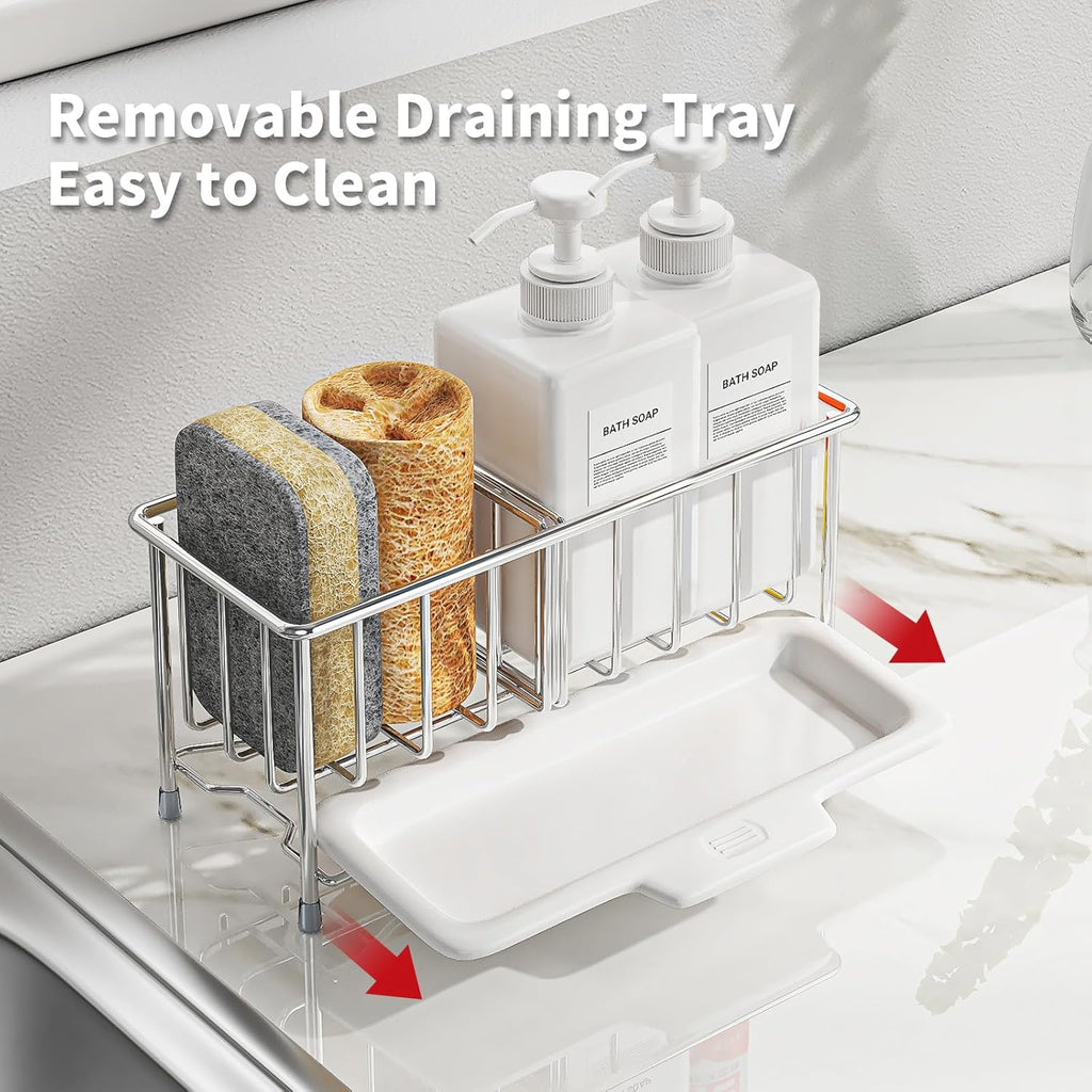 Kitchen Sink Sponge Holder, 304 Stainless Steel Soap Dispenser Caddy Organize, Kitchen Sink Brush Caddy Holder with Removable Drain Tray