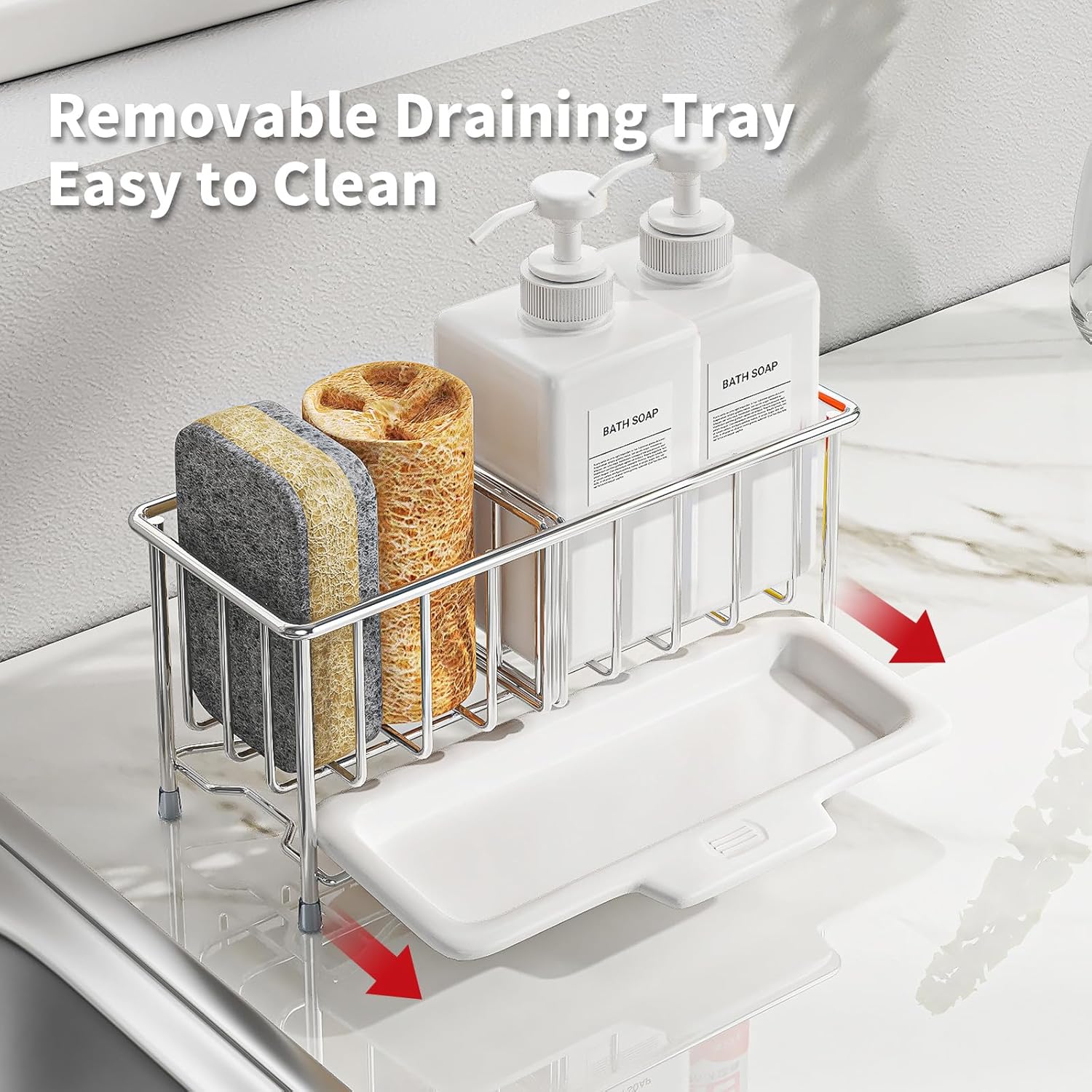 Kitchen Sink Sponge Holder, 304 Stainless Steel Soap Dispenser Caddy Organize, Kitchen Sink Brush Caddy Holder with Removable Drain Tray