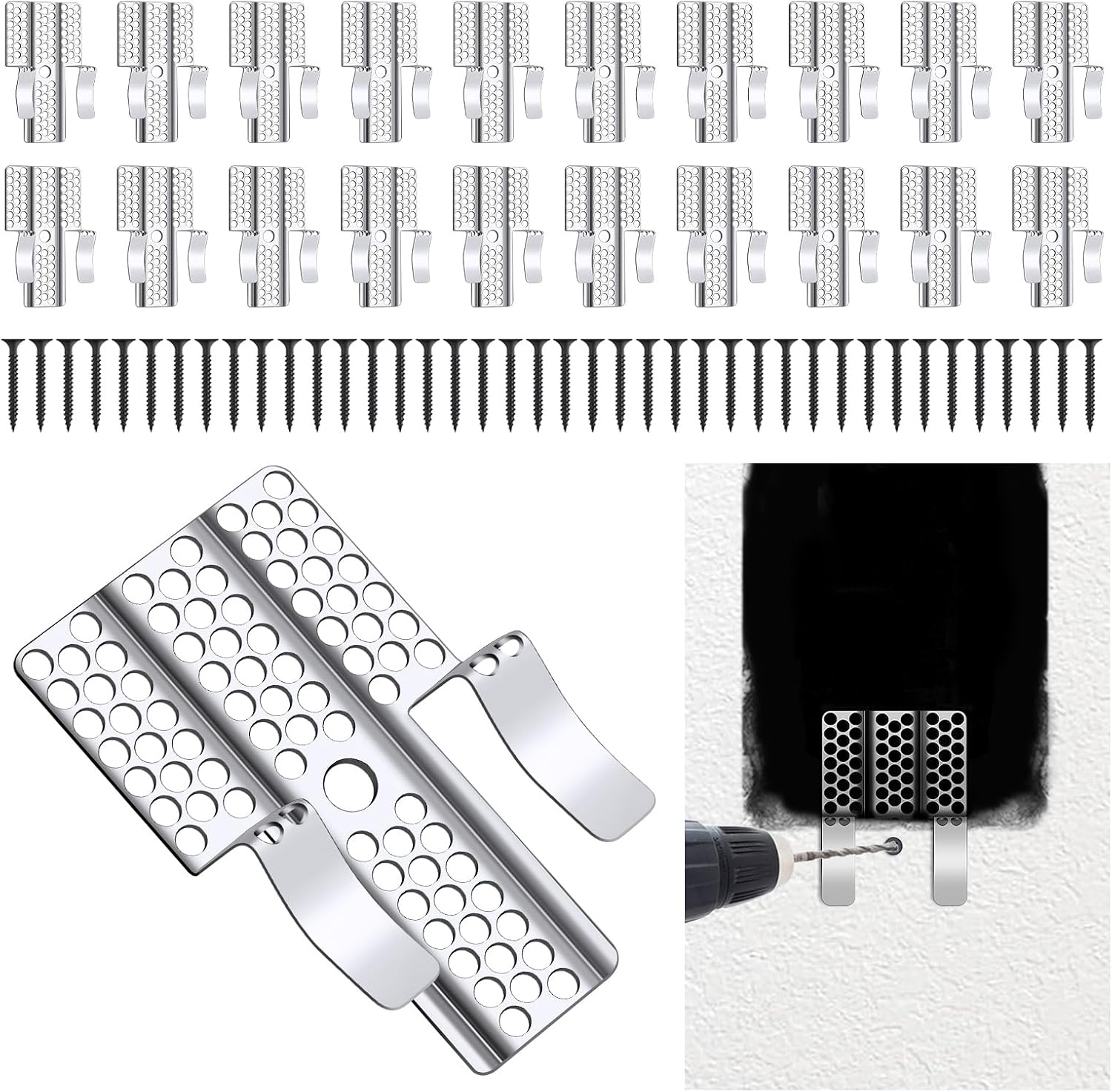 Drywall Repair Clips, 20 Pack Stainless Steel Wall Patch Kit with 40 Screws for 1/2 Inch Sheetrock, Professional Drywall Hole Repair Solution for DIY Home Repair