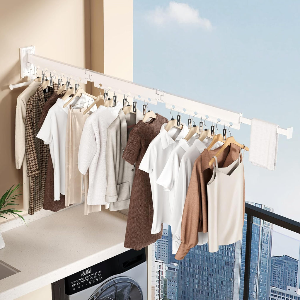 Wall Mounted Collapsible Clothes Drying Rack, Durable Space-Saving Laundry Drying Rack Clothing Hanger, Upgraded with Clips and Windproof Holes