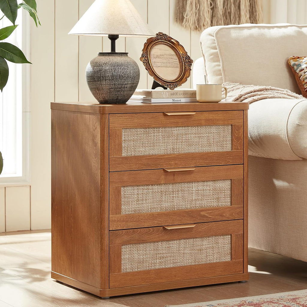 LEYAOYAO Rattan Night Stand Set of 2 with Drawers, 23" Large 3 Drawer Boho Nightstand, Natural Wood Bedside Table Storage Cabinet, Bed Side End Tables Dresser for Bedroom, Living Room, Hallway, Closet
