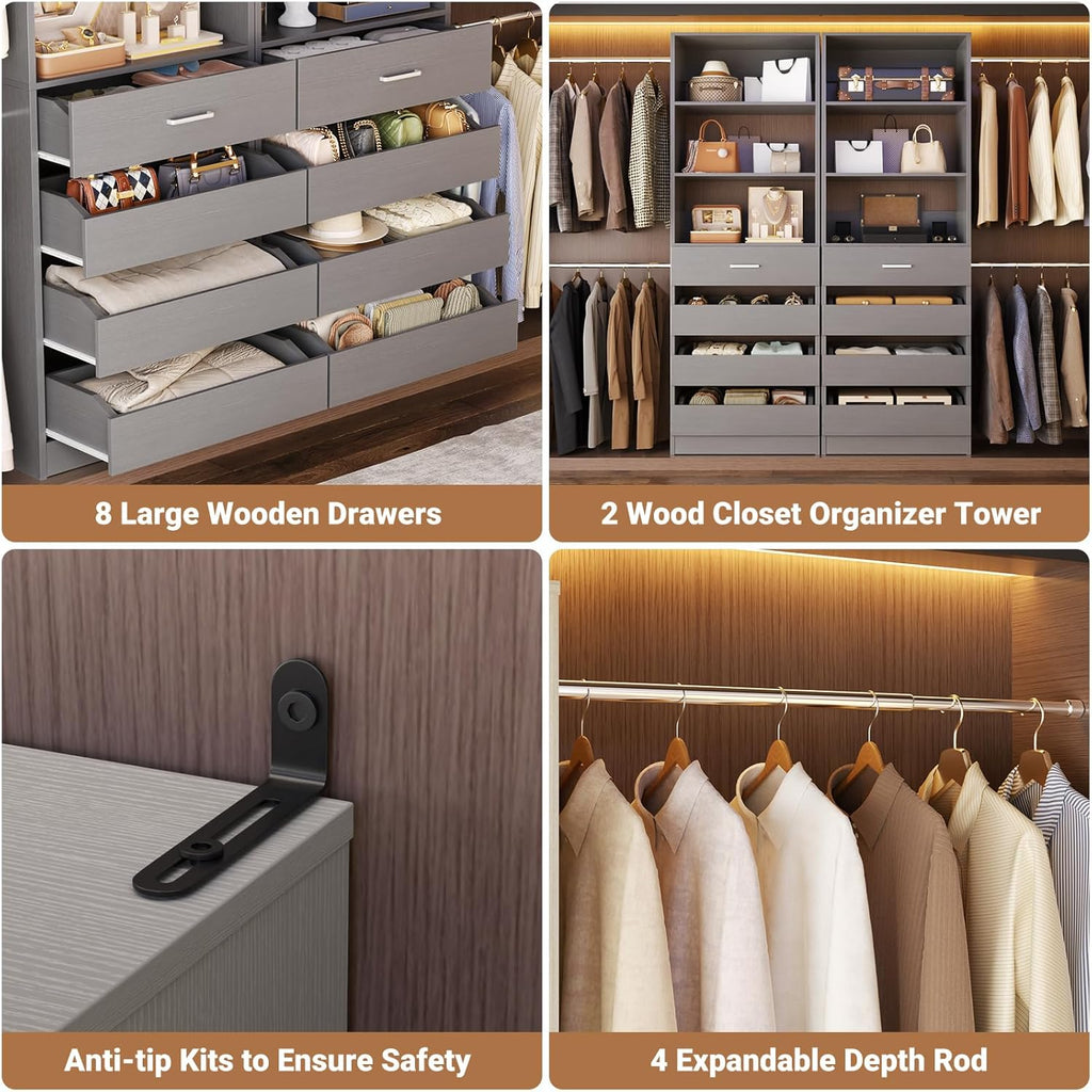 Aheaplus Closet System, 6-15Ft Closet Organizer with 8 Wooden Drawers, Wood Closet Organizer System with Tower, Walk-in Closet Organizer Wardrobe Garment Clothes Rack with 4 Hanging Rods, Grey