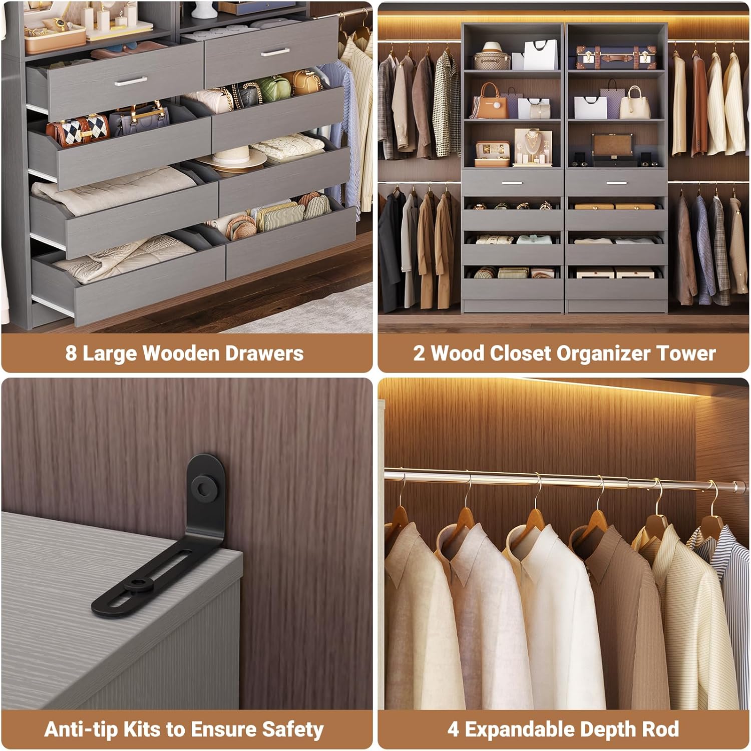 Aheaplus Closet System, 6-15Ft Closet Organizer with 8 Wooden Drawers, Wood Closet Organizer System with Tower, Walk-in Closet Organizer Wardrobe Garment Clothes Rack with 4 Hanging Rods, Grey