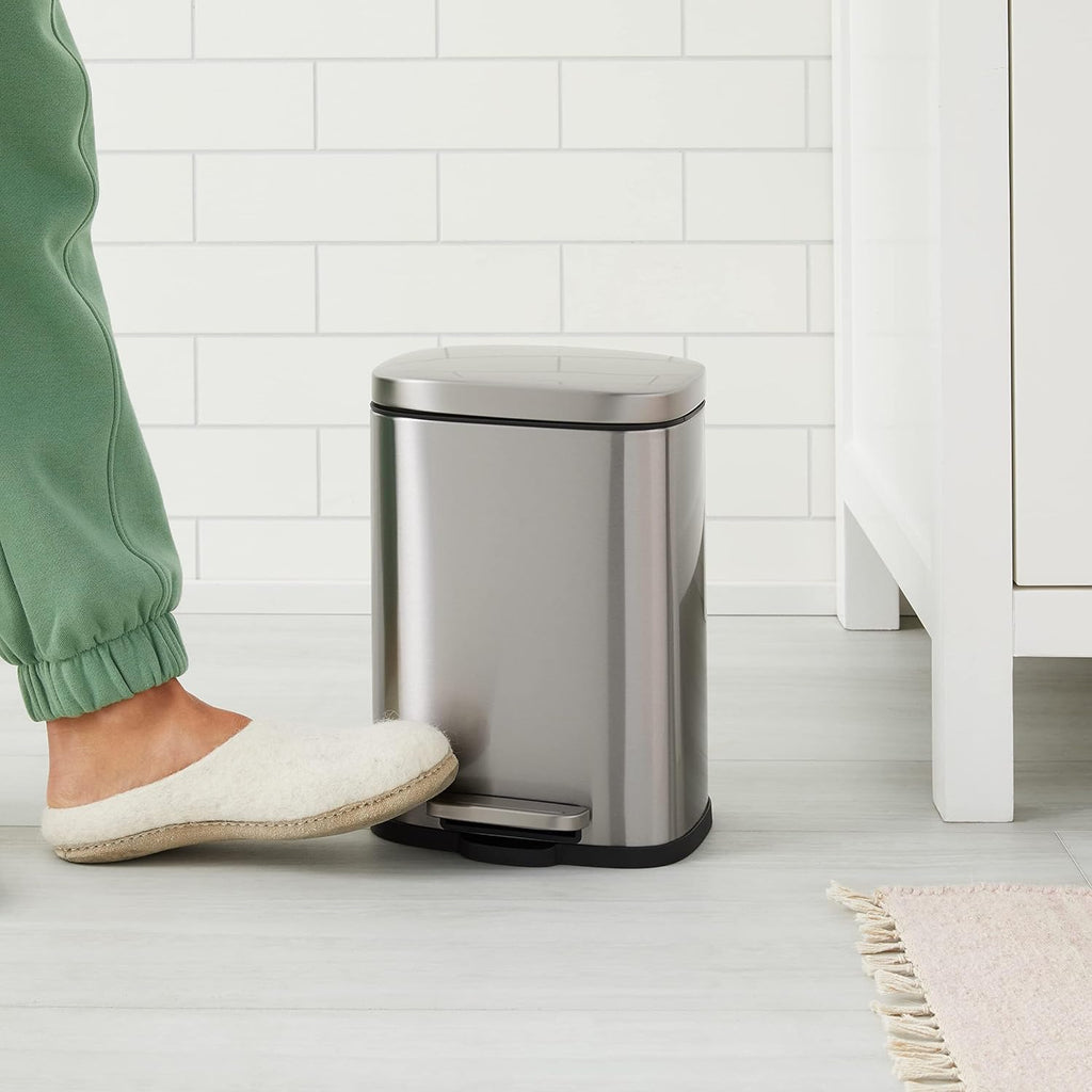 Amazon Basics Smudge Resistant Mini Rectangular Trash Can With Soft-Close Foot Pedal, Brushed Stainless Steel, for Bathroom & small space, 5 L /1.32 Gal, Satin Nickel Finish, 7.3x8.5 x11.8 in (LxWxH)
