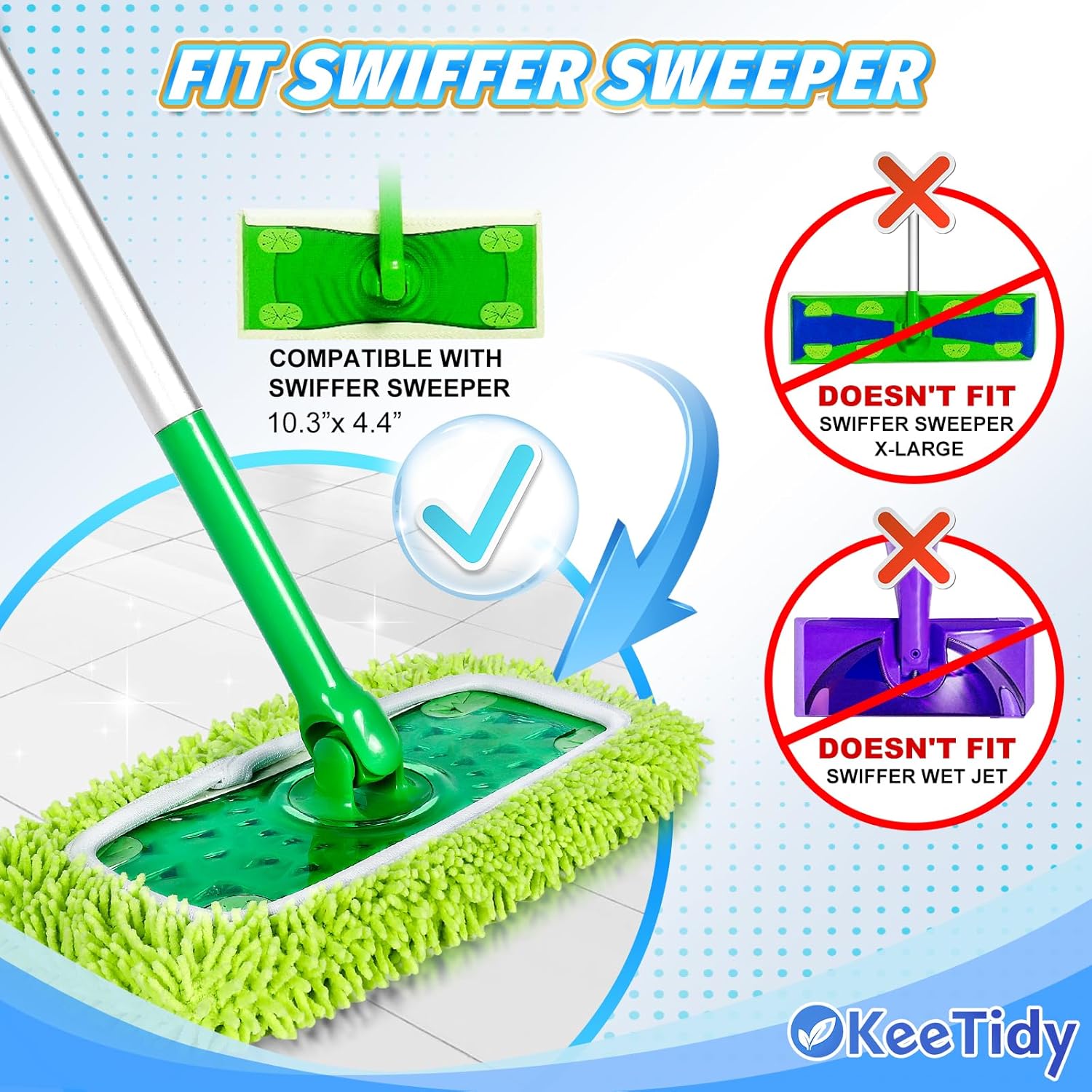 Reusable Mop Pads Compatible with Swiffer Sweeper Mops, 3 Pack 12 Inch Washable Microfiber Wet Pads Refills Dry Sweeping Cloths Heavy Duty Mop Head Replacement for Wet Dry Floor Cleaning, Green