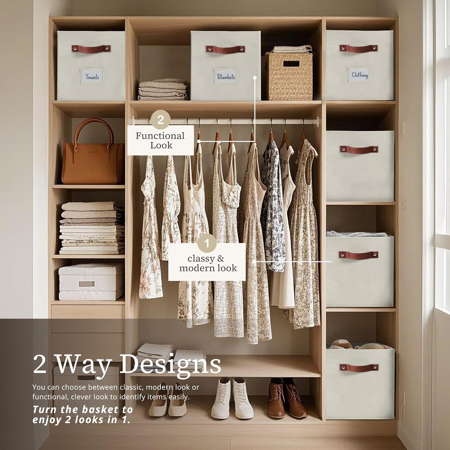 DECOMOMO Storage Bins, Cube Storage Bin with Labels, Fabric Storage Cubes for Shelves (10.5" x 11" / 6pcs, Beige)