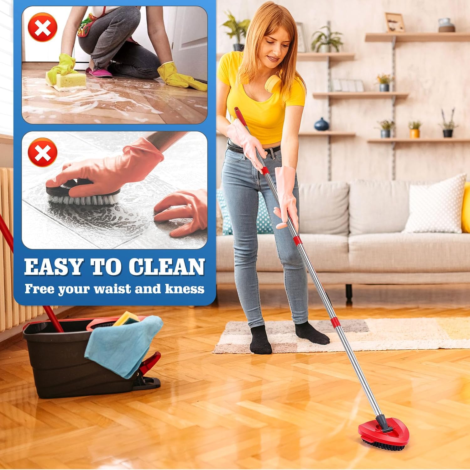 1 Pcs Spin Mop Replacements Scrub Brush and 1 Mop Base with 2 Pcs Scouring Pad Compatible with Cedar EasyWring 1 Tank System，Including 2Pcs Scouring Pad + 6Pcs Scrub Sponge Heavy Duty