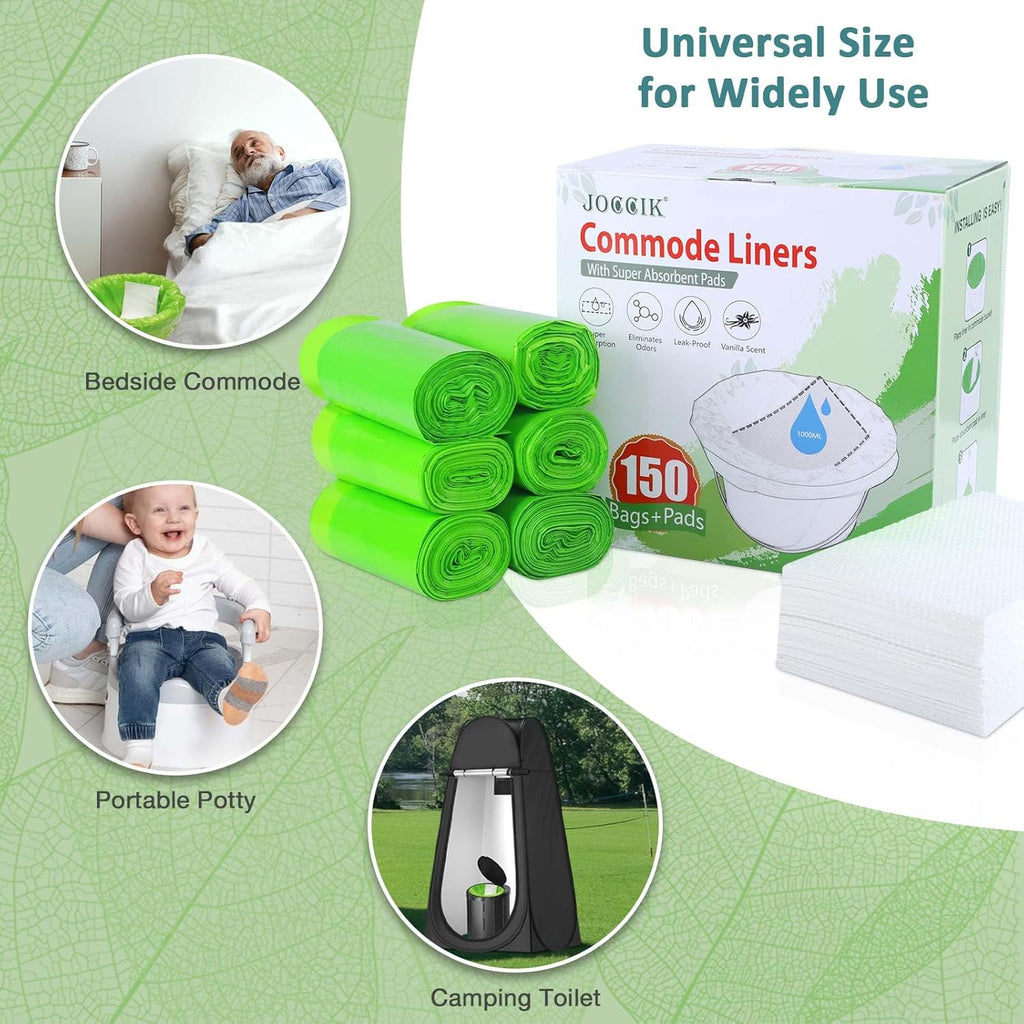 Bedside Commode Liners, 150 Bags + 150 Pads for Bedside Toilet Chair Bucket, Super Absorbent, Unscented, Leak-Proof, Universal Size