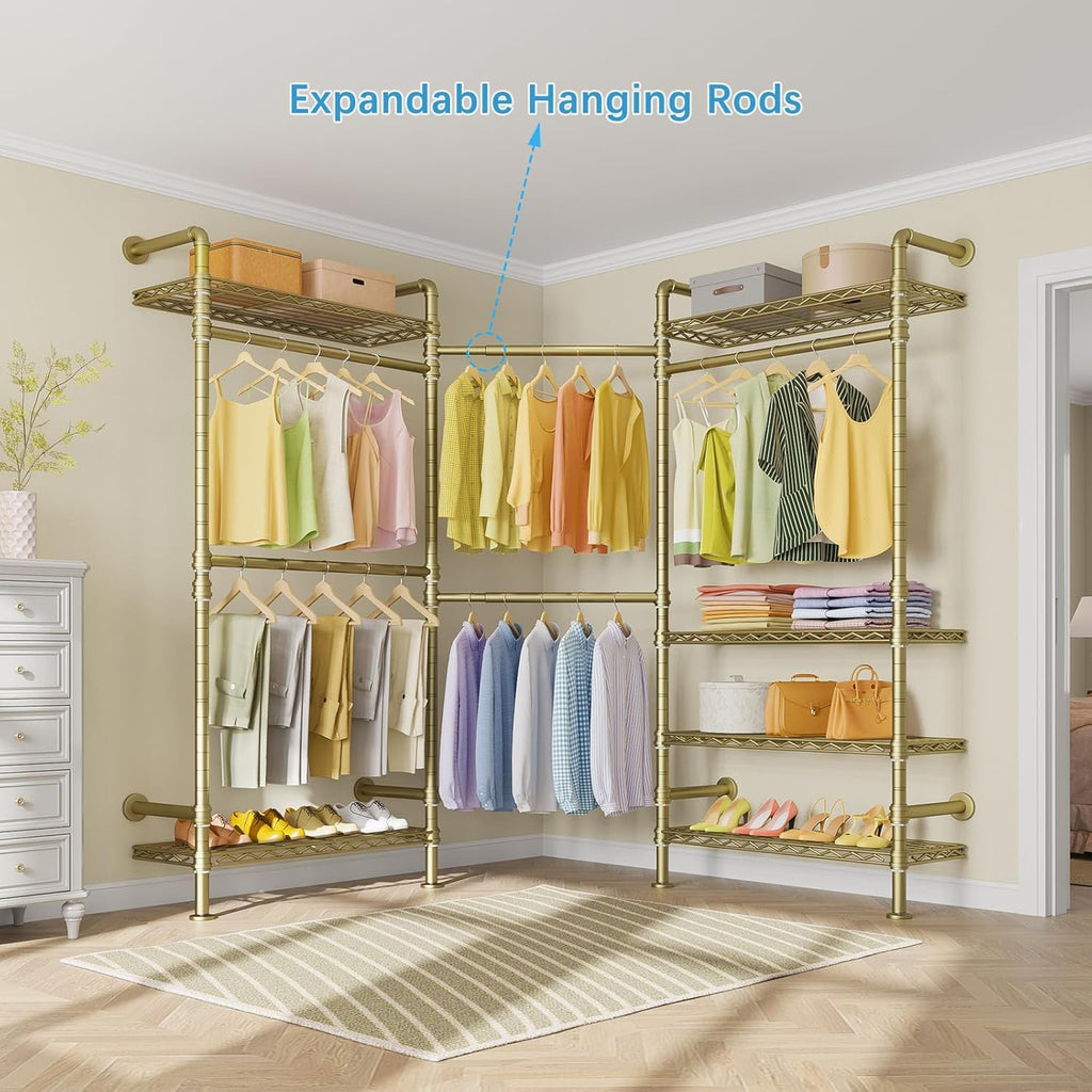 Timate F3 Garment Rack Heavy Duty Clothes Rack for Hanging Clothes, Expandable Industrial Pipe Wall Mounted Clothing Rack, Adjustable Storage Closet Wardrobe Closet Kit Walk in Closet Systems, Gold