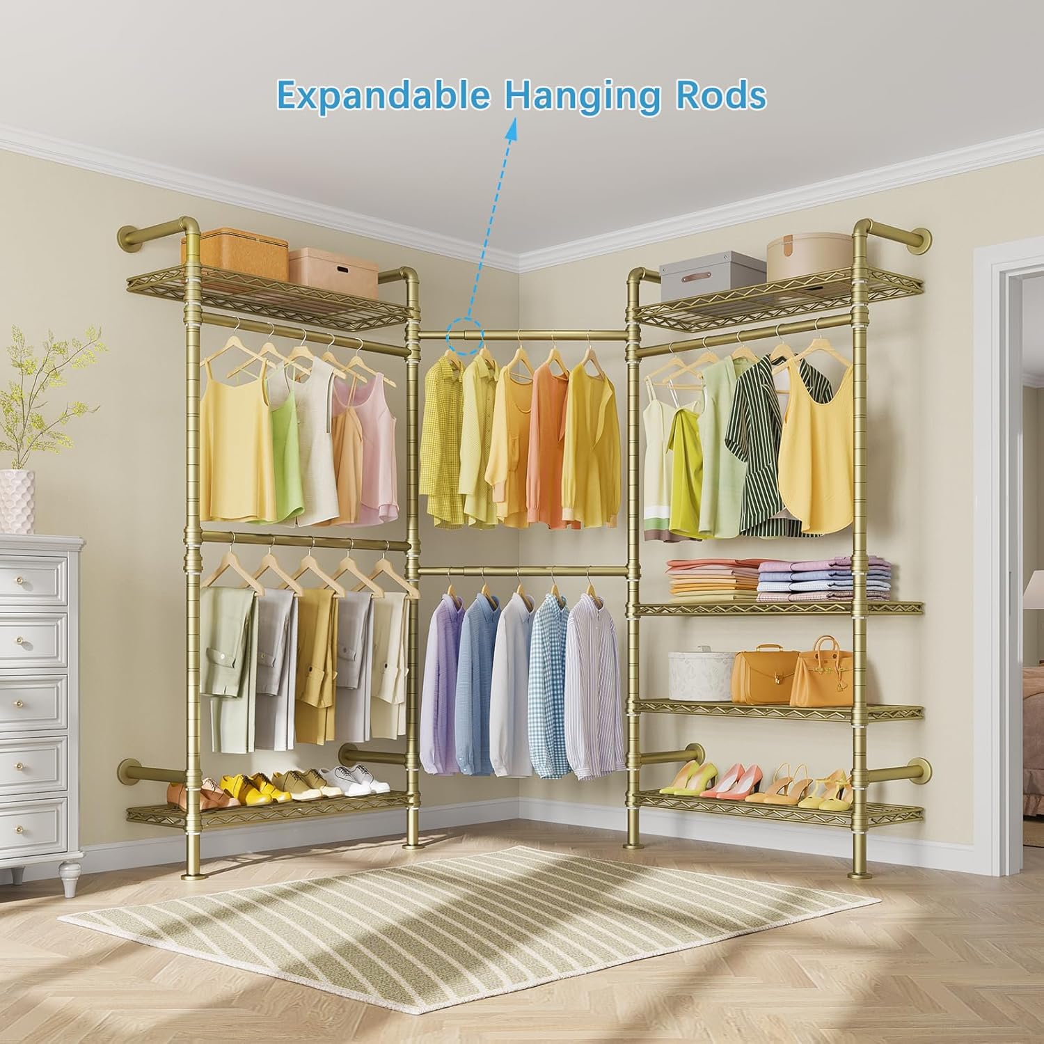 Timate F3 Garment Rack Heavy Duty Clothes Rack for Hanging Clothes, Expandable Industrial Pipe Wall Mounted Clothing Rack, Adjustable Storage Closet Wardrobe Closet Kit Walk in Closet Systems, Gold