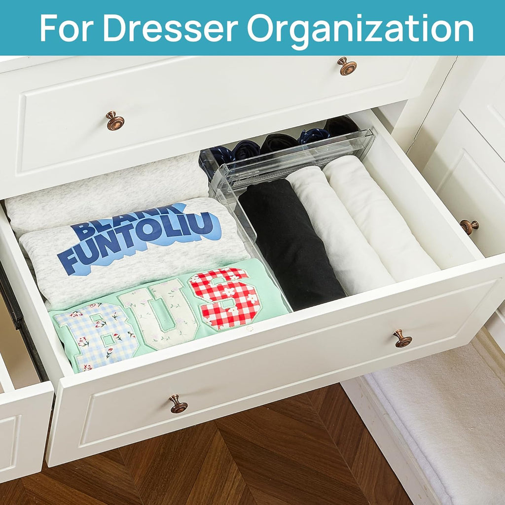 Vtopmart 12 Pack Drawer Dividers for Clothes, 4" High 10.2"-16.6" Adjustable Expandable Dresser Drawer Organizer, Clear Plastic Separators for Dresser, Baby Clothing, Underwear, Cosmetic, Toiletries
