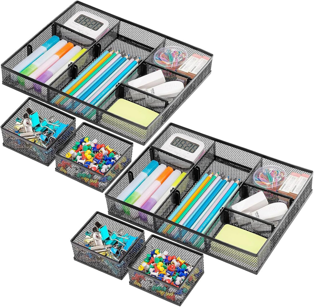 Marbrasse 3 Pack Desk Drawer Organizers with 9 Adjustable Compartments for Makeup, Office Supplies & Accessories (Black)