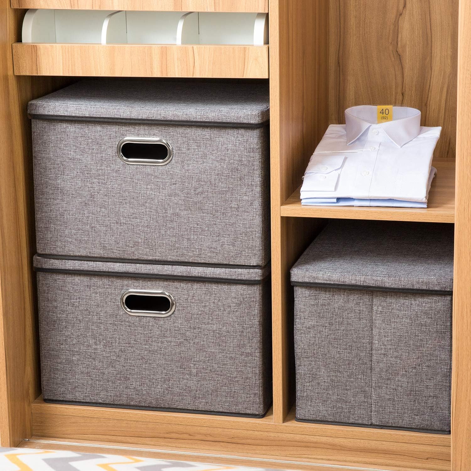 PRANDOM Large Collapsible Storage Containers with Lids [5-Pack] Linen Fabric Foldable Storage Bins Boxes Organizer Baskets Cube with Cover for Home Bedroom Closet Office Nursery (17.7x11.8x11.8)