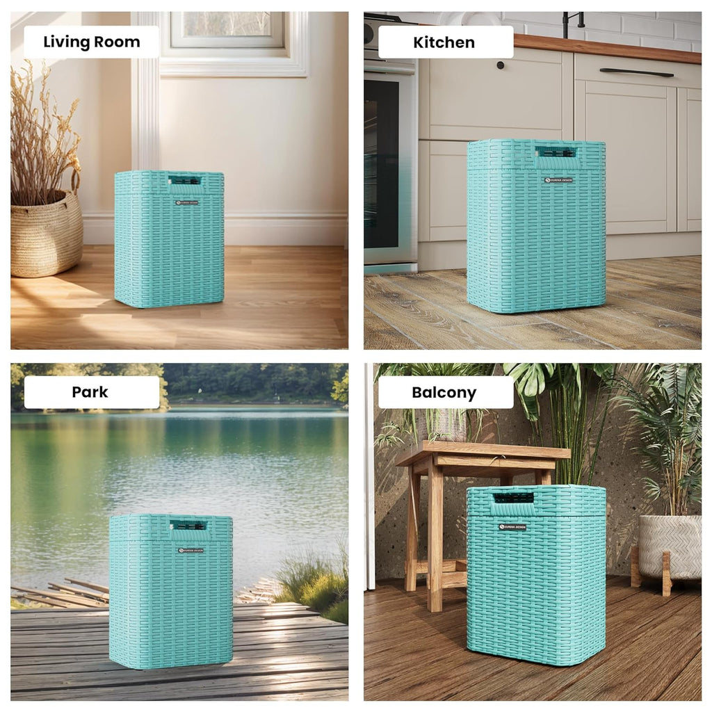 Ypati Handwoven Rattan Trash Can with Lid, Indoor and Outdoor, 4.5 Gallon with Complementary Shelf, Waste Container for Bathroom, Patio, Study, with Trash Bags, Grey, Designed by Eureka
